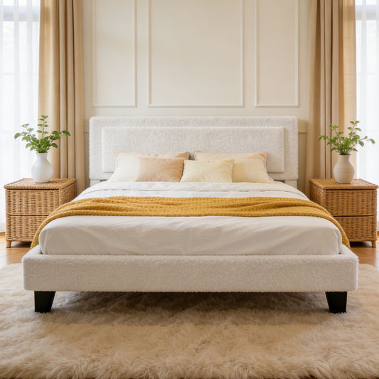Full Size Bed Frame Minimalist Upholstered Bed Frame With Adjustable Headboard Solid Wood Slats Iron Frame No Box Spring Needed Easy Assembly Beige