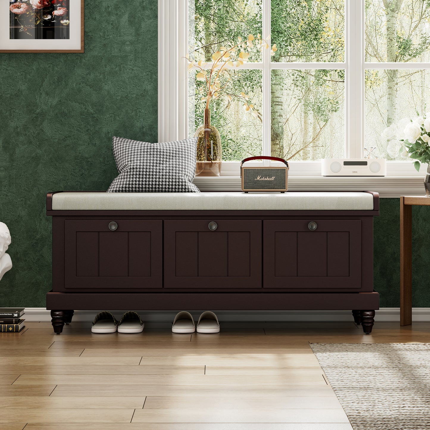TREXM Classic Shoe Bench With Cushion And Three Drawers  Fluted Entryway Bench With Storage For Living Room  Entryway  And Hallways  Espresso  OLD
