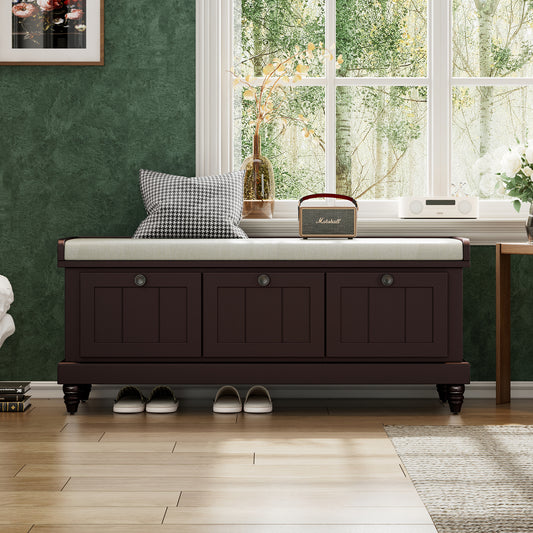 TREXM Classic Shoe Bench With Cushion And Three Drawers  Fluted Entryway Bench With Storage For Living Room  Entryway  And Hallways  Espresso  OLD