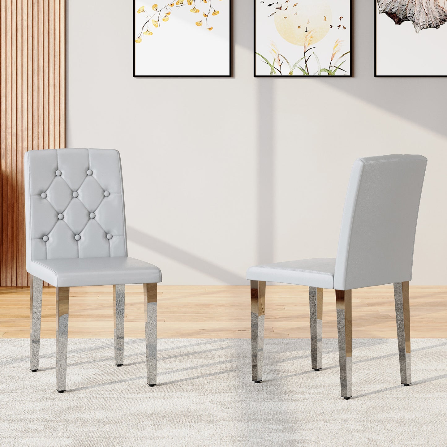 2-piece Set Of Light Grey PU Dining Chairs ,Ergonomically Designed Buckle Backrest, 35 Inches High, Silver Metal Legs, Combining Comfort And Texture.Suitable For Family Restaurants, Banquet Hall, Etc.