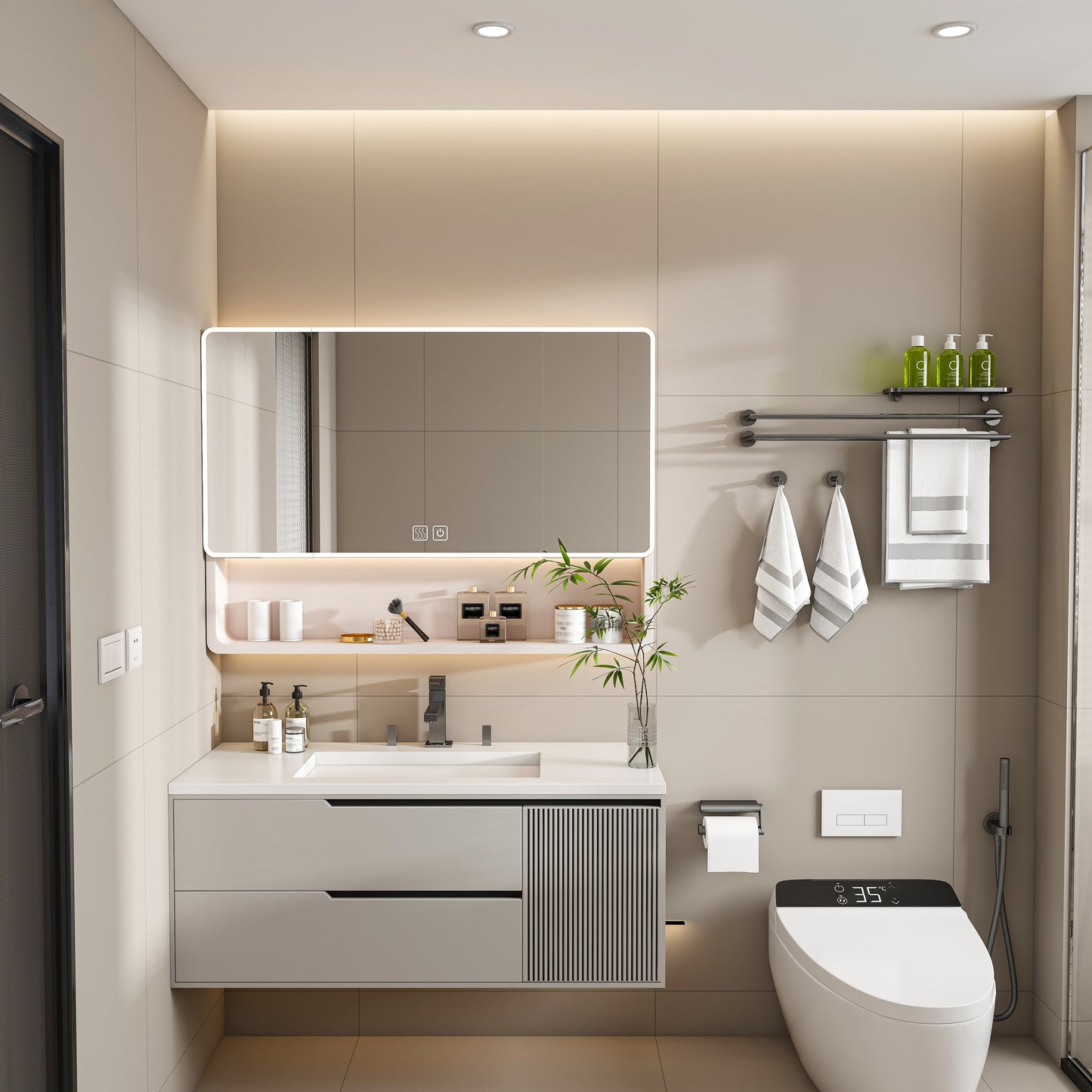 Aluminium Medicine Cabinet Mirror  35 X 28 Inches Medicine Cabinet With 3 Colors LED Light And Defogging Function  Bathroom Mirror Cabinet With Cosmetic Storage Rack And Hair Dryer Holder  Khaki