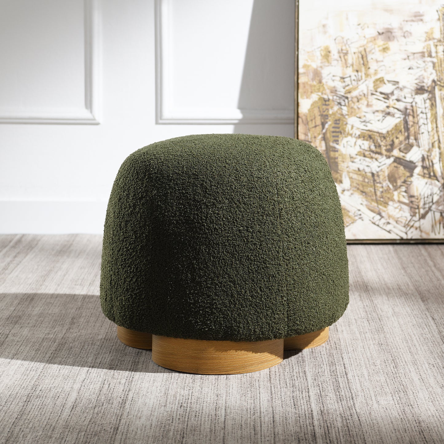 Fully Assembled Round Soft Teddy Fabric Upholstered Ottoman, Footstool With Soft Padded Seat, Fully Assembled Modern Sofa Couch Footrest, Extra Seating For Bedroom Entryway, Olive Green