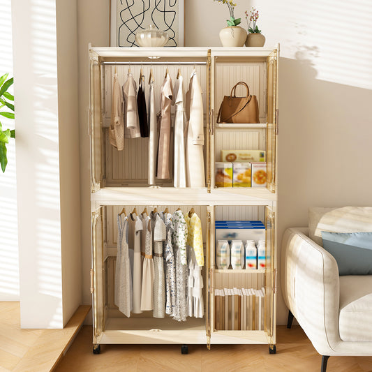 Portable Wardrobe Closet Storage Organizer For Clothes,Clothes Dresser,6 Magnetic Doors-6 Cubes & 2 Hanging Rod,6 Pcs Hangers , Baby Wardrobe Storage Cabinet,White