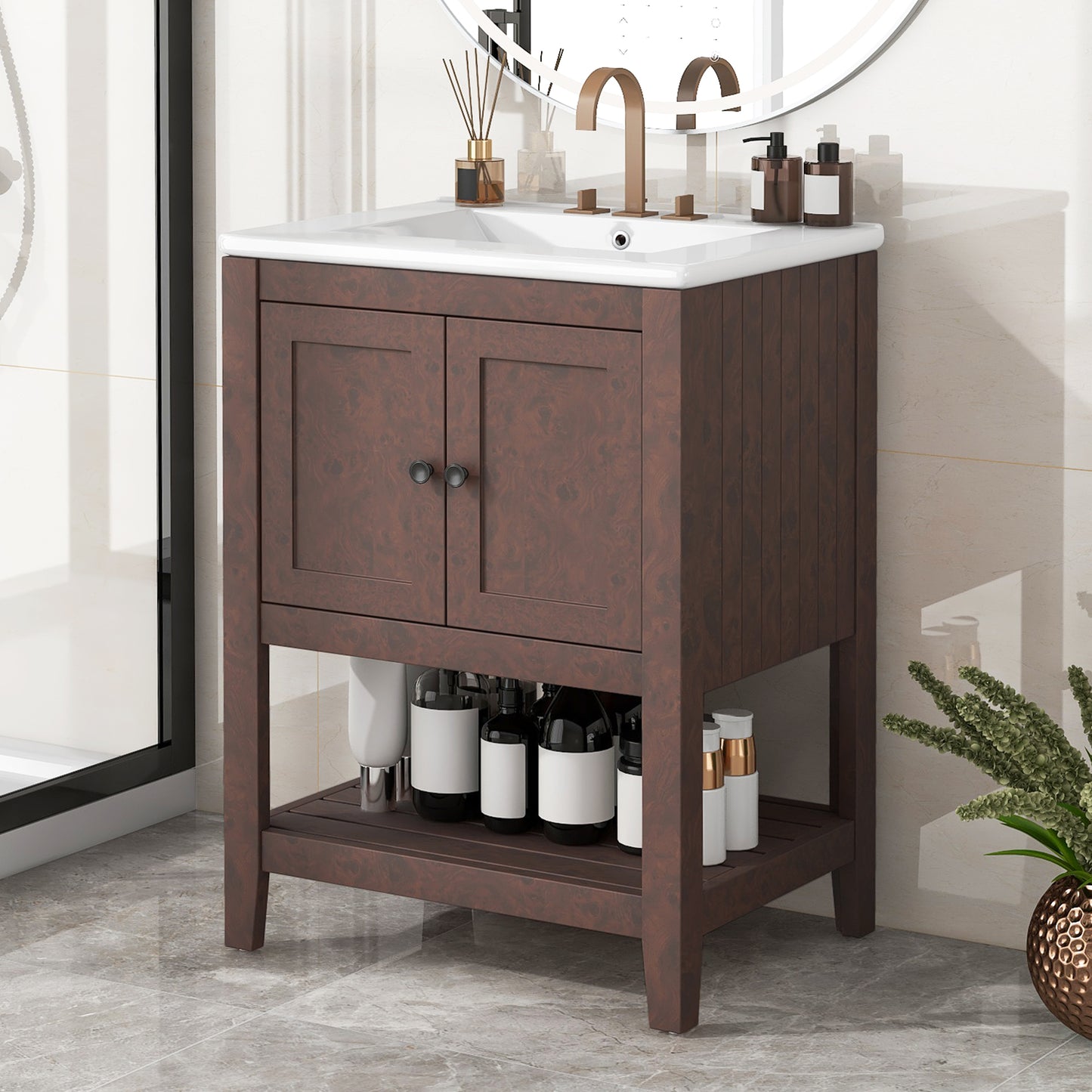 24  Brown Modern Sleek Bathroom Vanity Elegant Ceramic Sink With Solid Wood Frame Open Style Shelf
