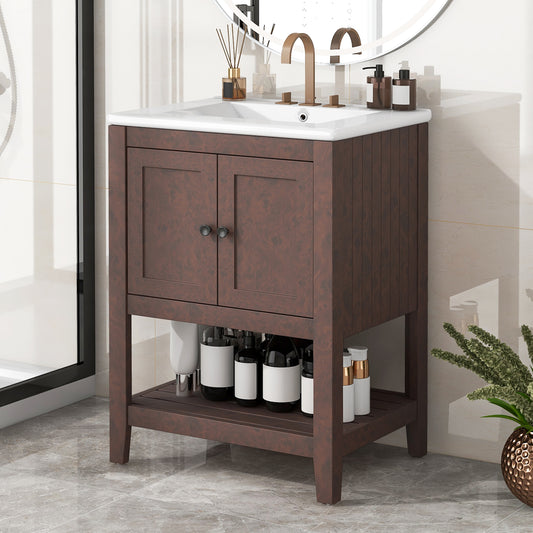 24  Brown Modern Sleek Bathroom Vanity Elegant Ceramic Sink With Solid Wood Frame Open Style Shelf