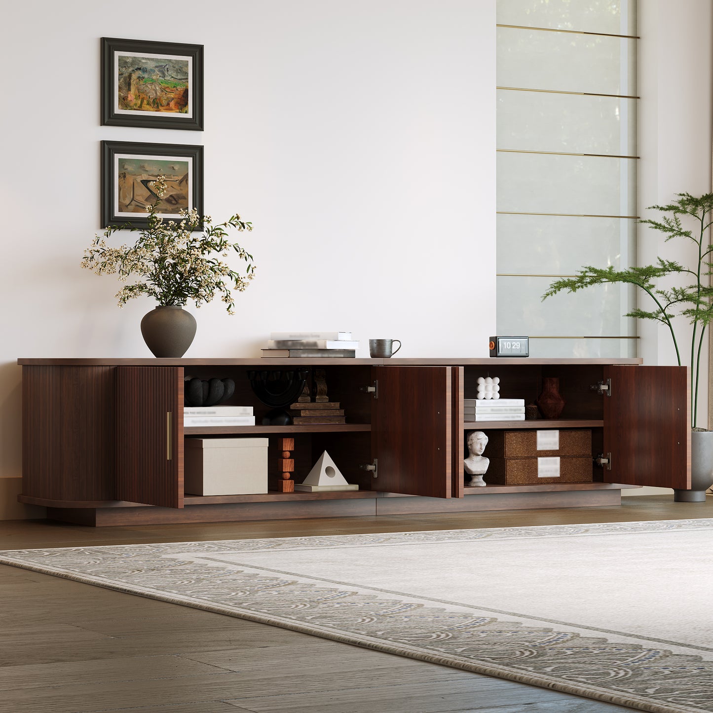 70-inch Modern TV Stand For TVs Up To 80 Inches For Living Room, Media Entertainment Center With Ample Storage & Cured Corners