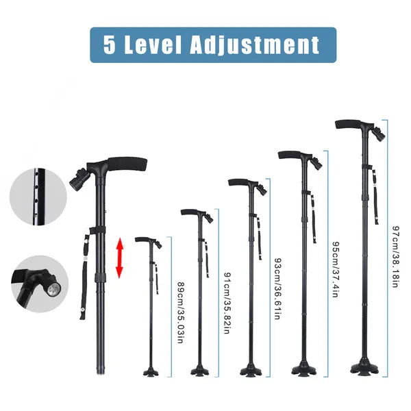 LED Walking Stick Cane Safety All Terrain Pivoting Base Folding Cane Travel