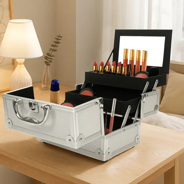 SM-2176 Aluminum Makeup Train Case Jewelry Box Cosmetic Organizer With Mirror 9'x6'x6' Silver