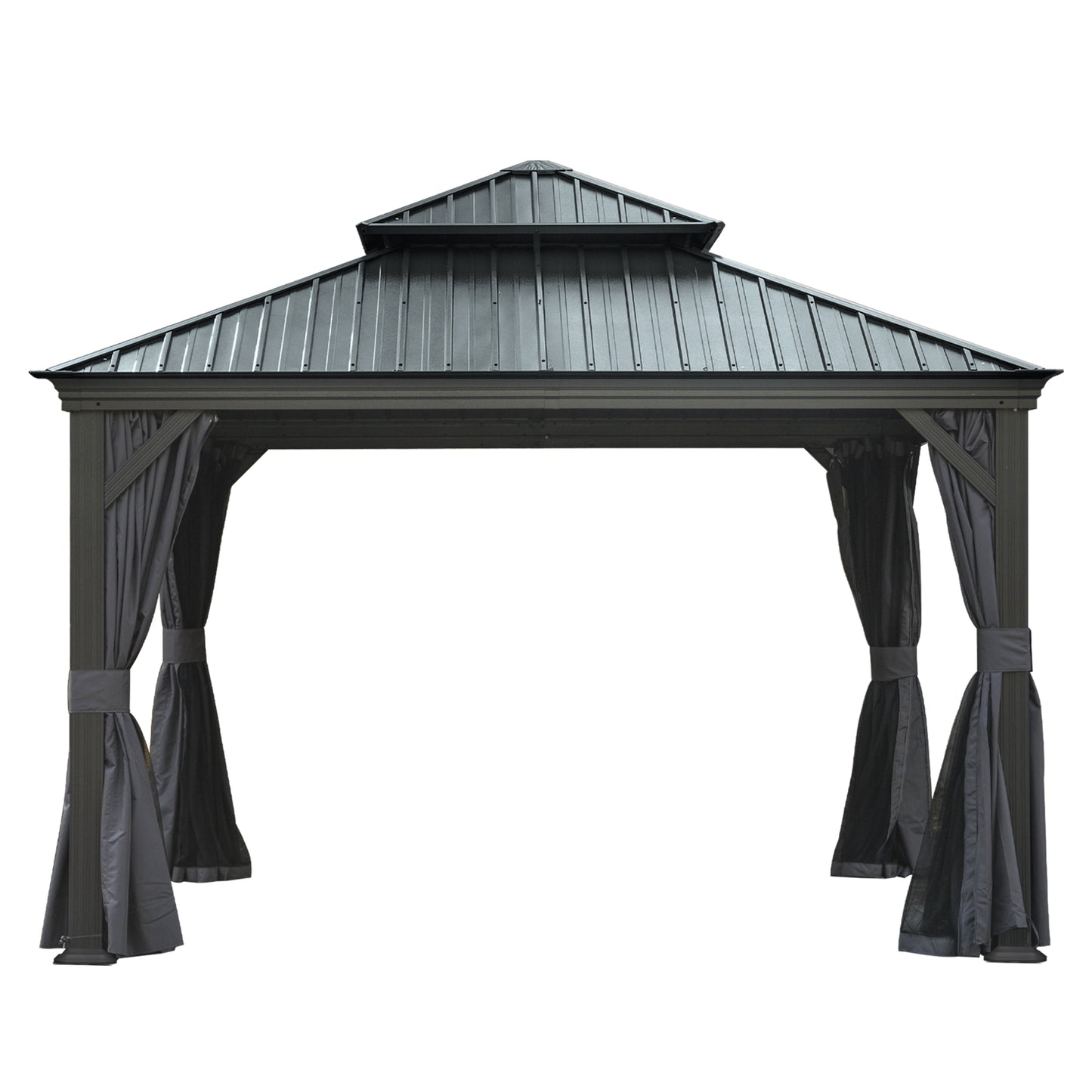 12 X12  Hardtop Gazebo Canopy,Outdoor Aluminum Gazebo With Galvanized Steel Double Roof,Permanent Gazebos With Drainage System,Curtain And Netting Included,Grey