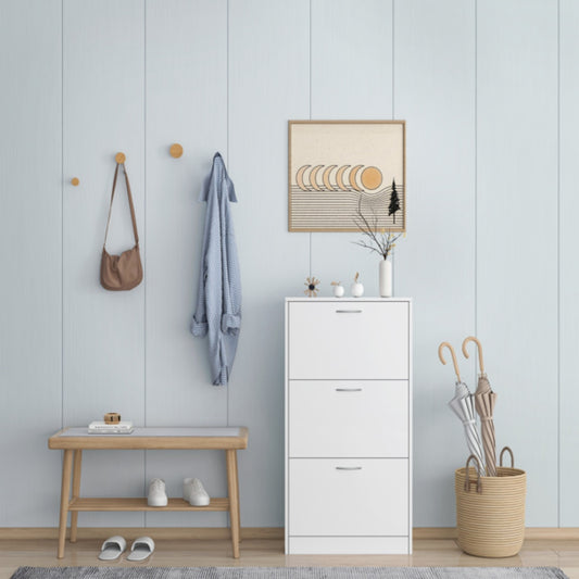 Shoe Cabinet For Entryway, White Narrow Shoe Storage Cabinet Flip Down Shoe Rack Wood 3 Tier Shoe Organizer For Home And Apartment
