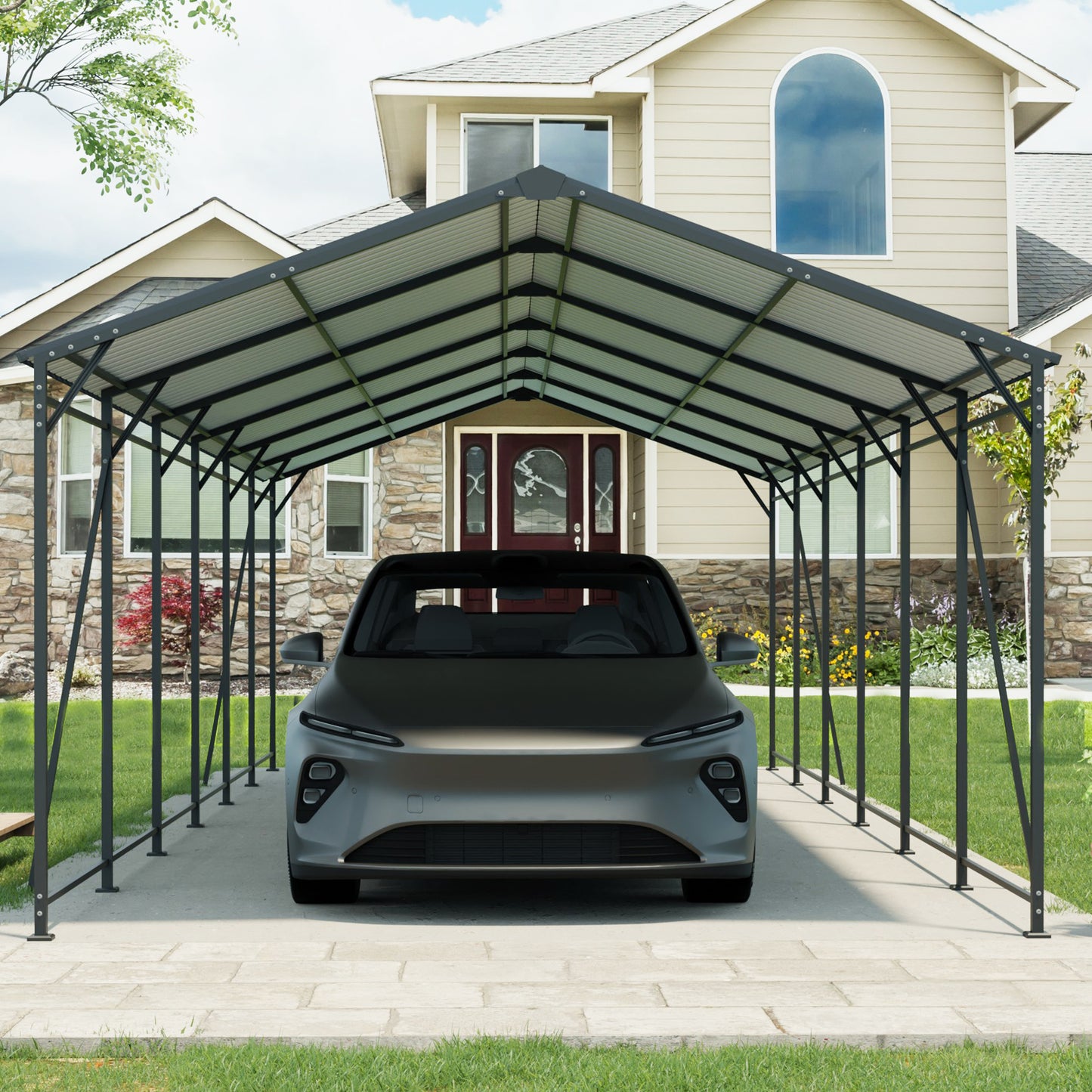 12x32 FT Carport, Heavy Duty Carport With Galvanized Steel Roof And Frame, Metal Carport Large Garage With 4 Fixed Inclined Square Tube Supports