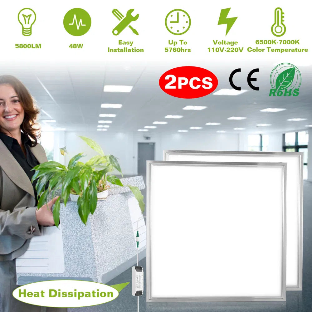 2 PCS 48W 2FT LED Panel Light 5800LM 7000K Ceiling Lighting 150W Equivalent LED Troffer Recessed Edge-Lit