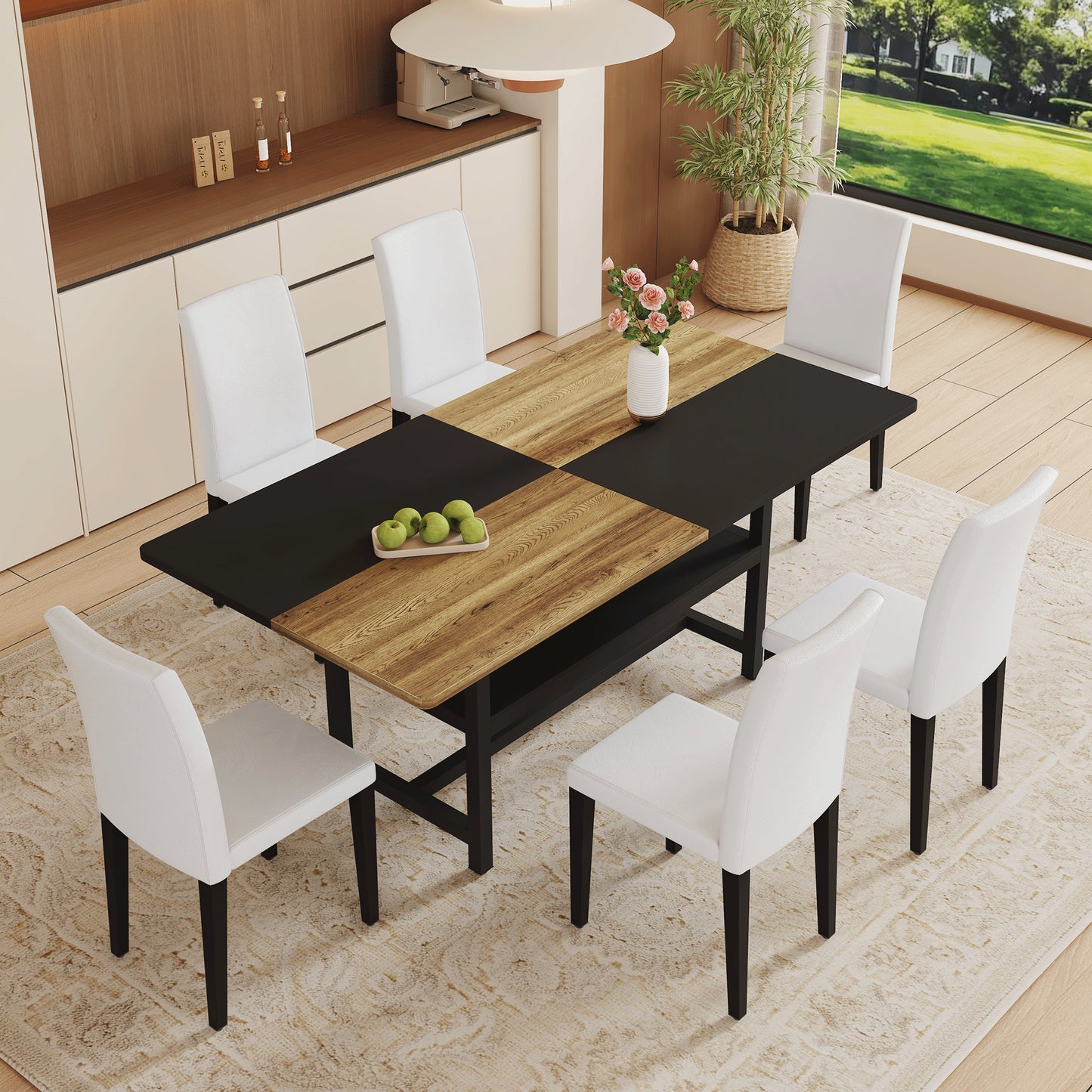 Table And Chair Set.71x35.4 Inch Wooden And Black Spliced Dining Table With Storage Function In The Middle Of The Table Legs.Paired With 6 White PU Dining Chairs, Simple And Versatile.