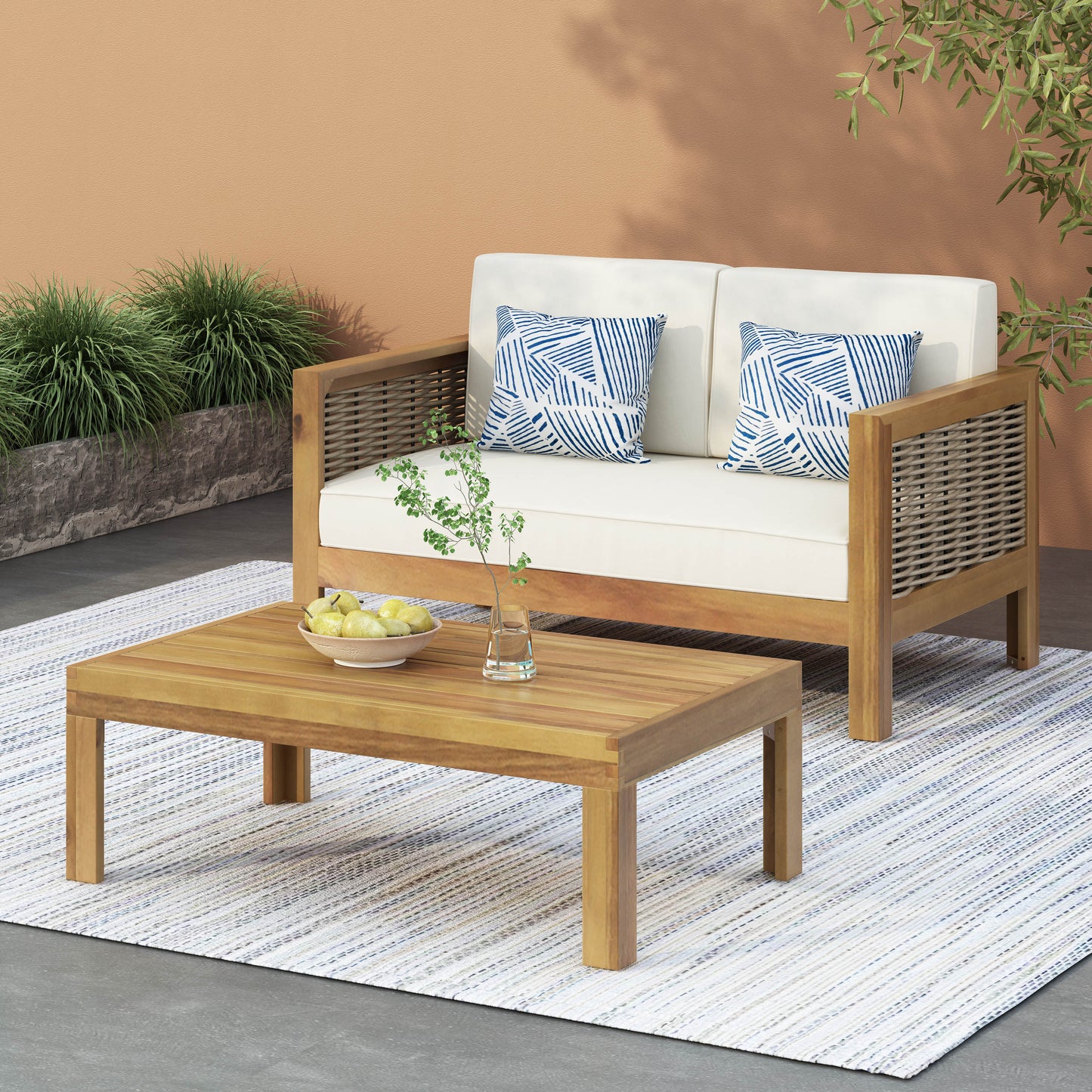 Outdoor Acacia Wood And Wicker Loveseat And Coffee Table Set With Cushions, Teak   Beige