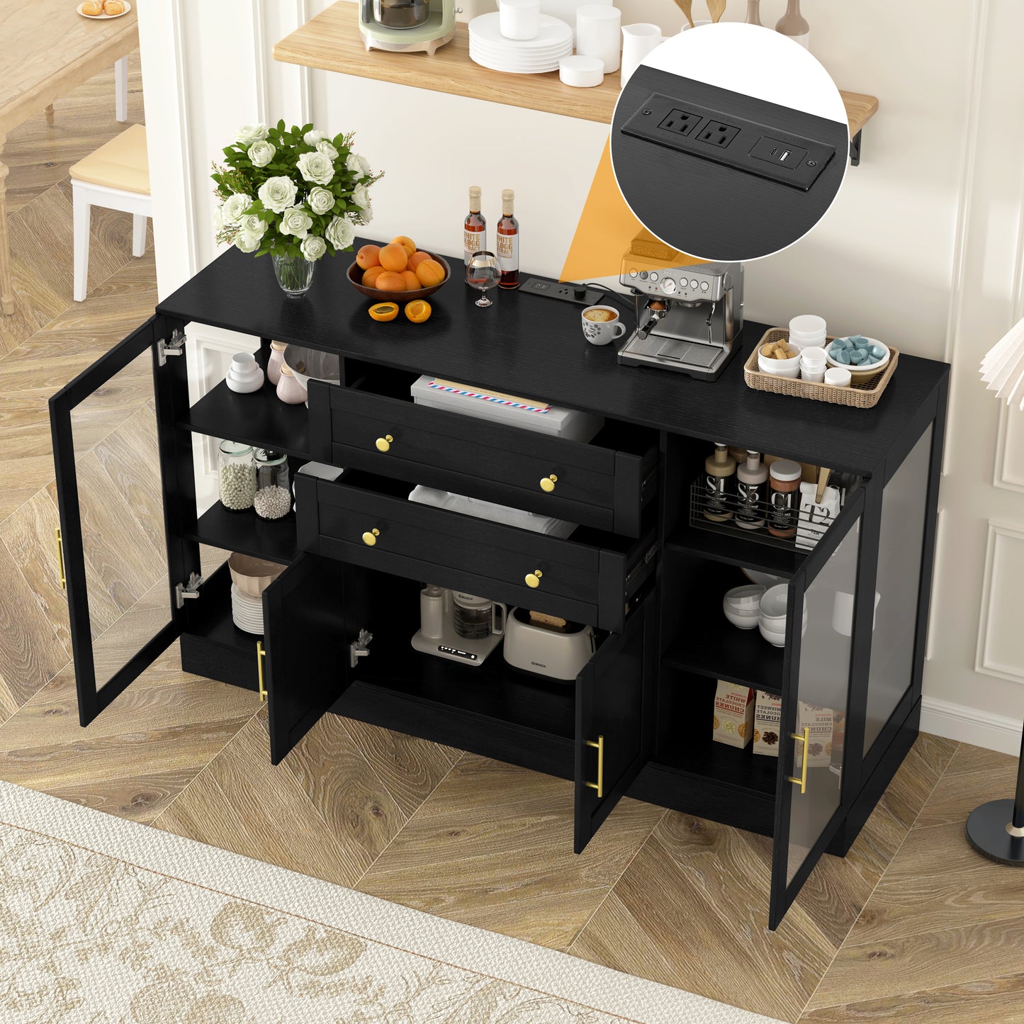 U- Style 58.3  Modern Buffet Sideboard With 4 Doors & 2 Drawers  Adjustable Shelves  Power Outlet  Acrylic Panels  Aluminum Alloy Handles  Storage Cabinet For Dining Room  Living Room And Kitchen