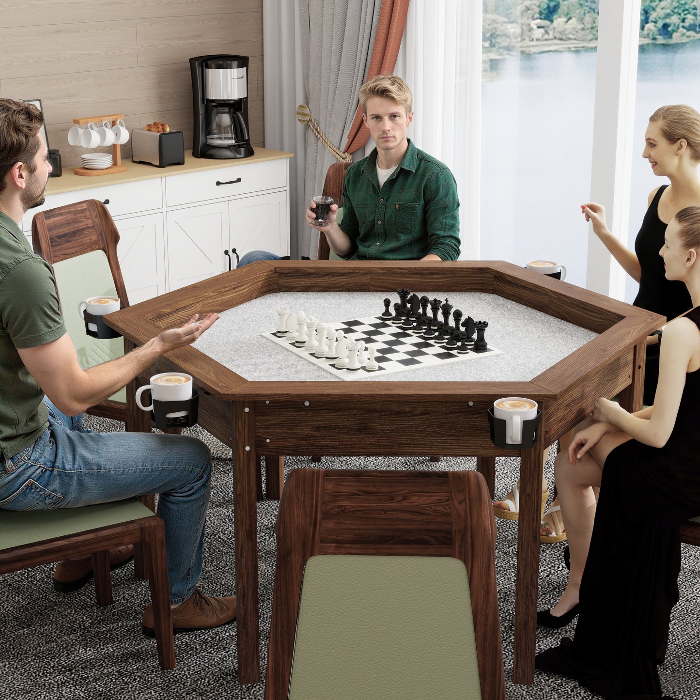 Board Game Table With Removable Table Top For 6 Players, Hexagon Gaming And Dining Table With Solid Wood Legs, Non-Slip Play Mat, Rotating Cup Holders-Rustic Brown