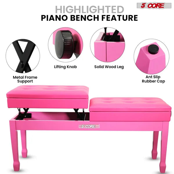 5 Core Duet Piano Bench 3.5 Inch Padded Cushioned Stool Wooden Heavy Duty Musician Chair Height Adjustable Double Keyboard Seat W Storage Nonslip Pink - PNB DT PNK