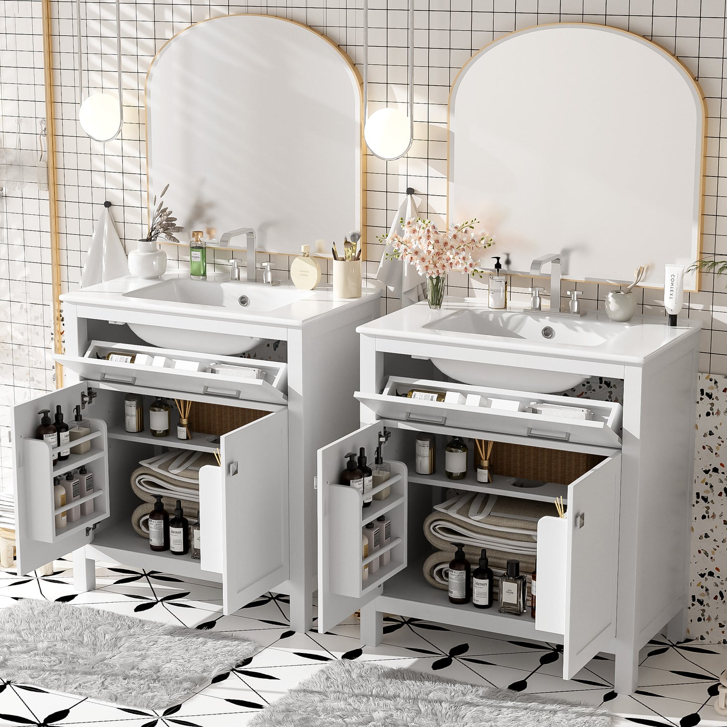 60  Modern White Bathroom Vanity Set With Double Vanities  Separate , Double Ceramic Sinks, Adjustable Shelf, Soft Close Doors And Flip Drawer-Modern Bathroom Solution For Spacious Bathrooms
