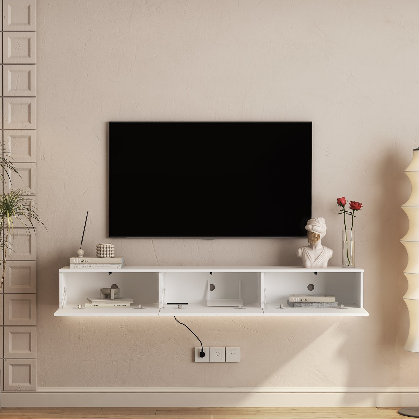 Floating TV Stand Wall Mounted With 16 Color LEDs,67  Modern TV Stand, Floating TV Cabinet Entertainment Center For 55 60 65 Inch TV,White