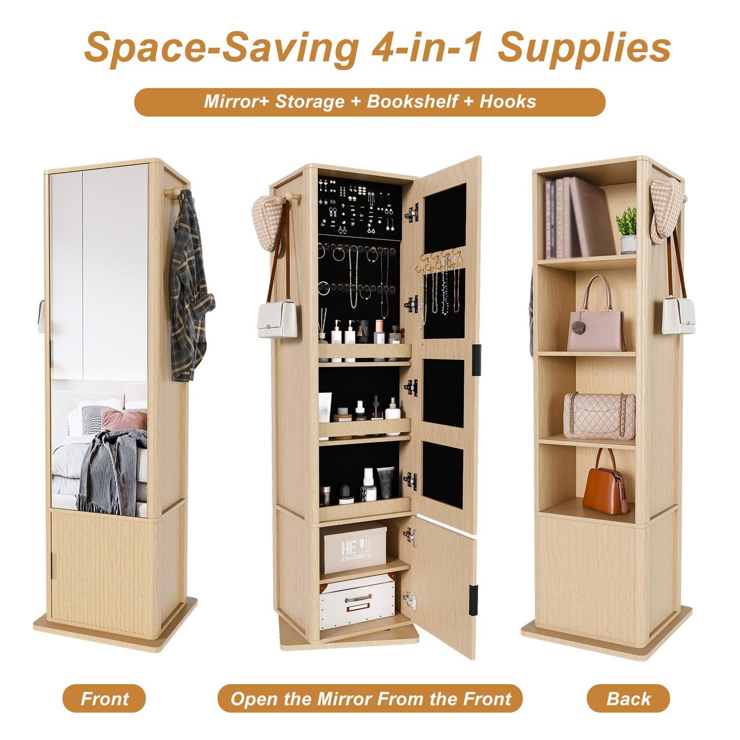 360 Rotating Makeup Cabinet, Jewelry Cabinet With A Full-length Mirror, Standing Storage Cabinet With A Coat Rack, 4 Layers Of Open Shelves And 2 Layers Of Built-in Shelves, Walnut