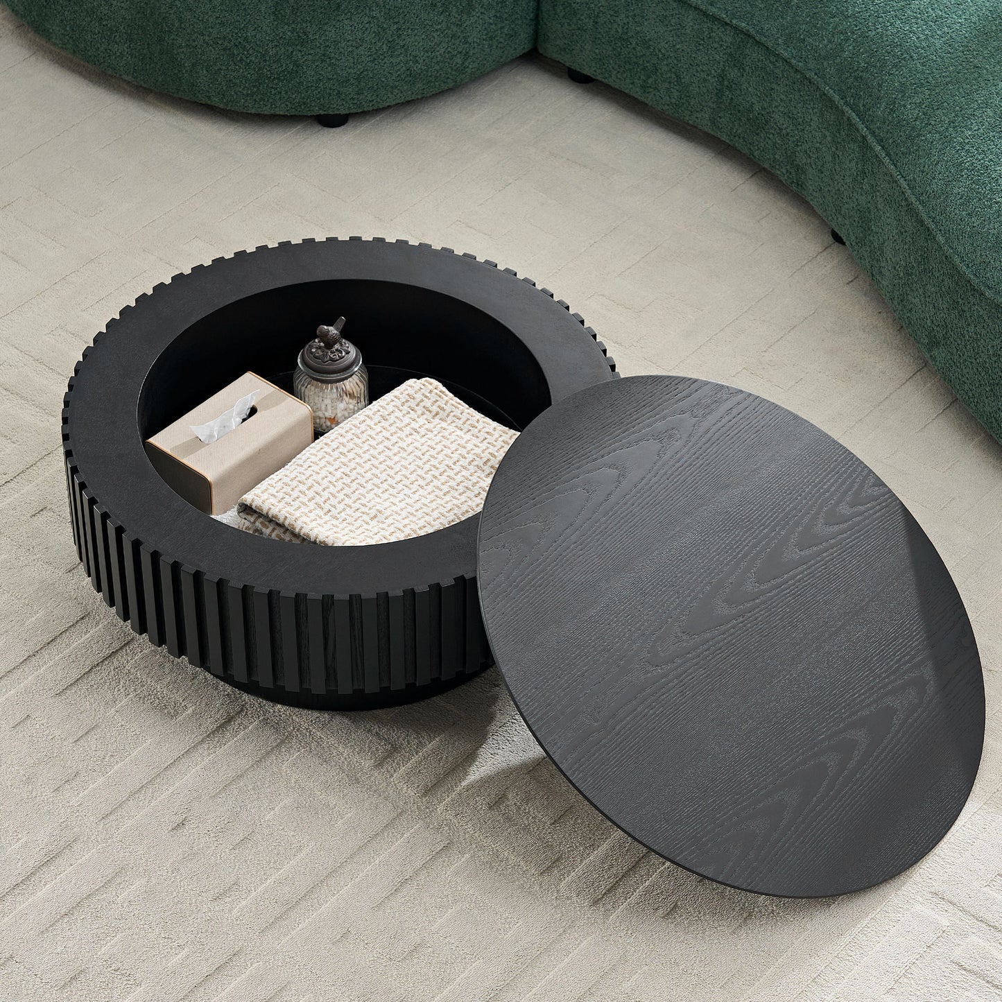 31.49   Nesting Round Wood Coffee Table With Storage For Apartment, Modern Living Room Coffee Table With Sturdy Pedestal ,BLACK
