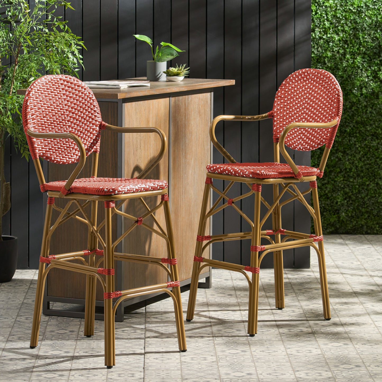 Outdoor Wicker And Aluminum 29.5 French Barstools, Set Of 2, Red, Bamboo Print Finish