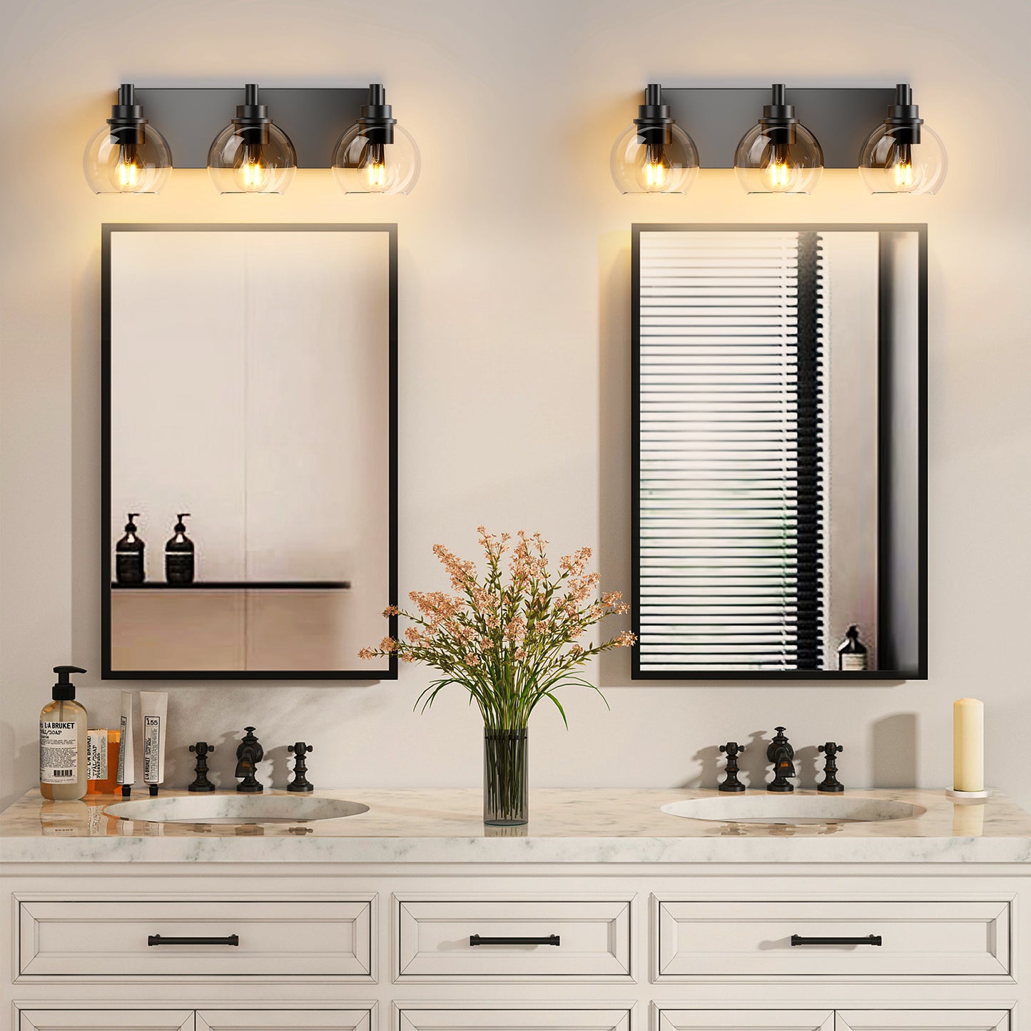 Bathroom Vanity Light,Modern 3-Light Bathroom Lighting Fixtures Over Mirror With Clear Glass Shade And Metal Base,Matte Black Bathroom Lighting