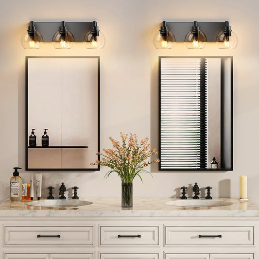 Bathroom Vanity Light,Modern 3-Light Bathroom Lighting Fixtures Over Mirror With Clear Glass Shade And Metal Base,Matte Black Bathroom Lighting