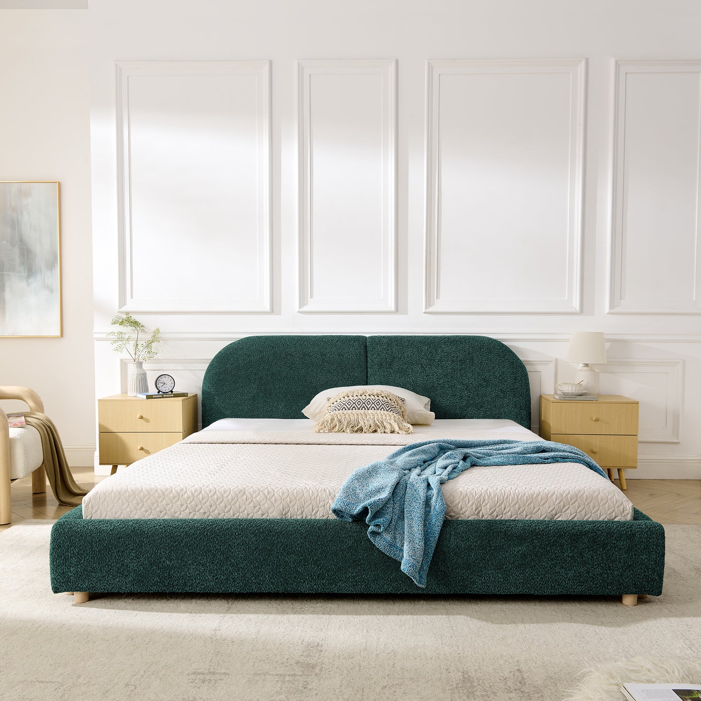 Queen Size Upholstered Bed Frame, Modern Minimalist Style With Tall Curved Headboard, Premium Circle Yarn Fabric & Sturdy Leg Support, Mattress Not Included-Green