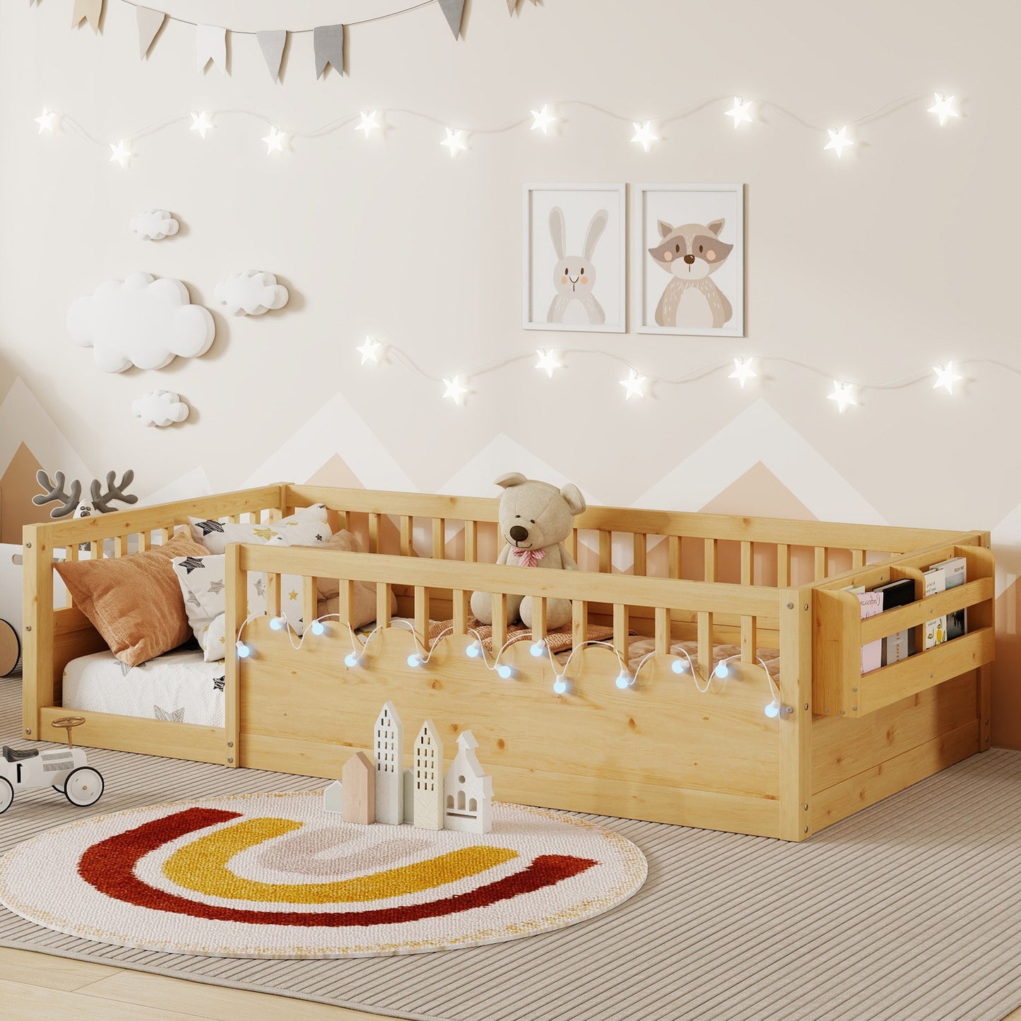 Twin Montessori Floor Bed Frame With High Rails, Wood Kids Floor Beds With Light And Storage Shelf, Natural Expect Arrival Date 2025 8 15