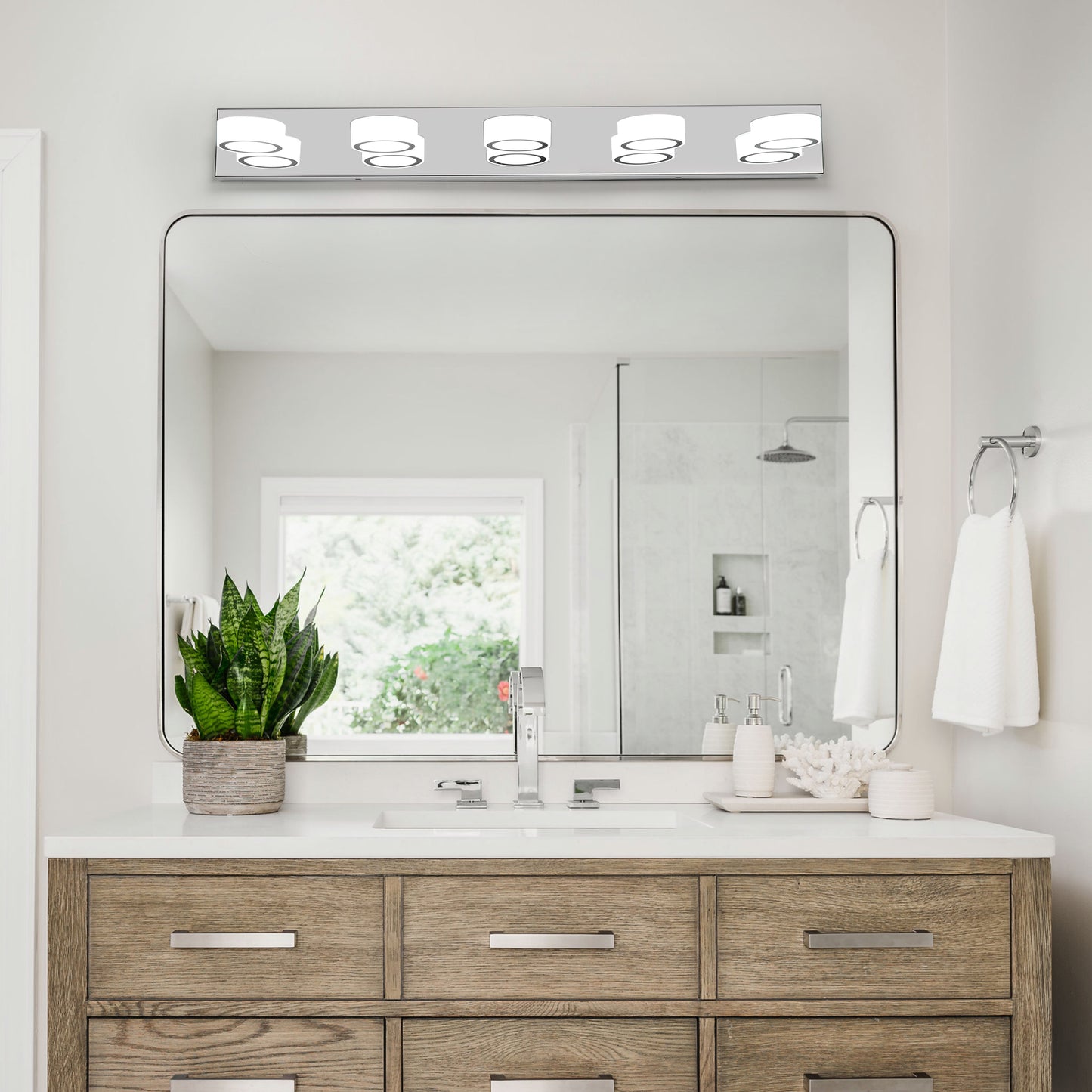 37  Modern 5-Light LED Vanity Light Fixture - Chrome Finish With Acrylic Light Shades - Energy-Efficient Bathroom Wall Sconce - Dimmable For Mirror, Shower, And Bathroom Decor