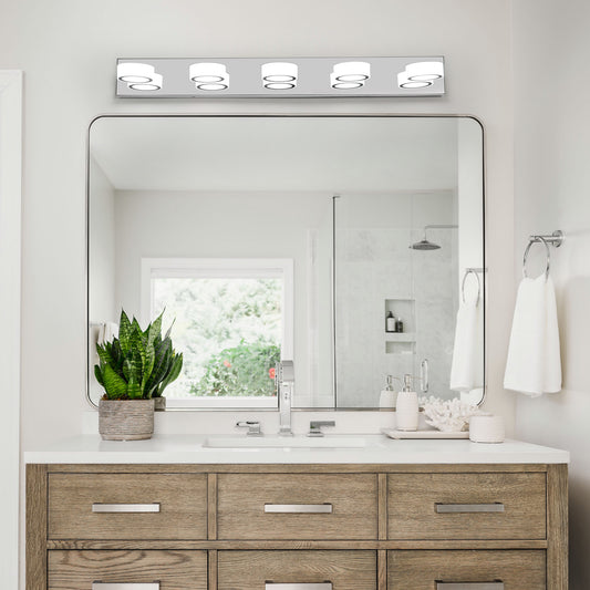37  Modern 5-Light LED Vanity Light Fixture - Chrome Finish With Acrylic Light Shades - Energy-Efficient Bathroom Wall Sconce - Dimmable For Mirror, Shower, And Bathroom Decor