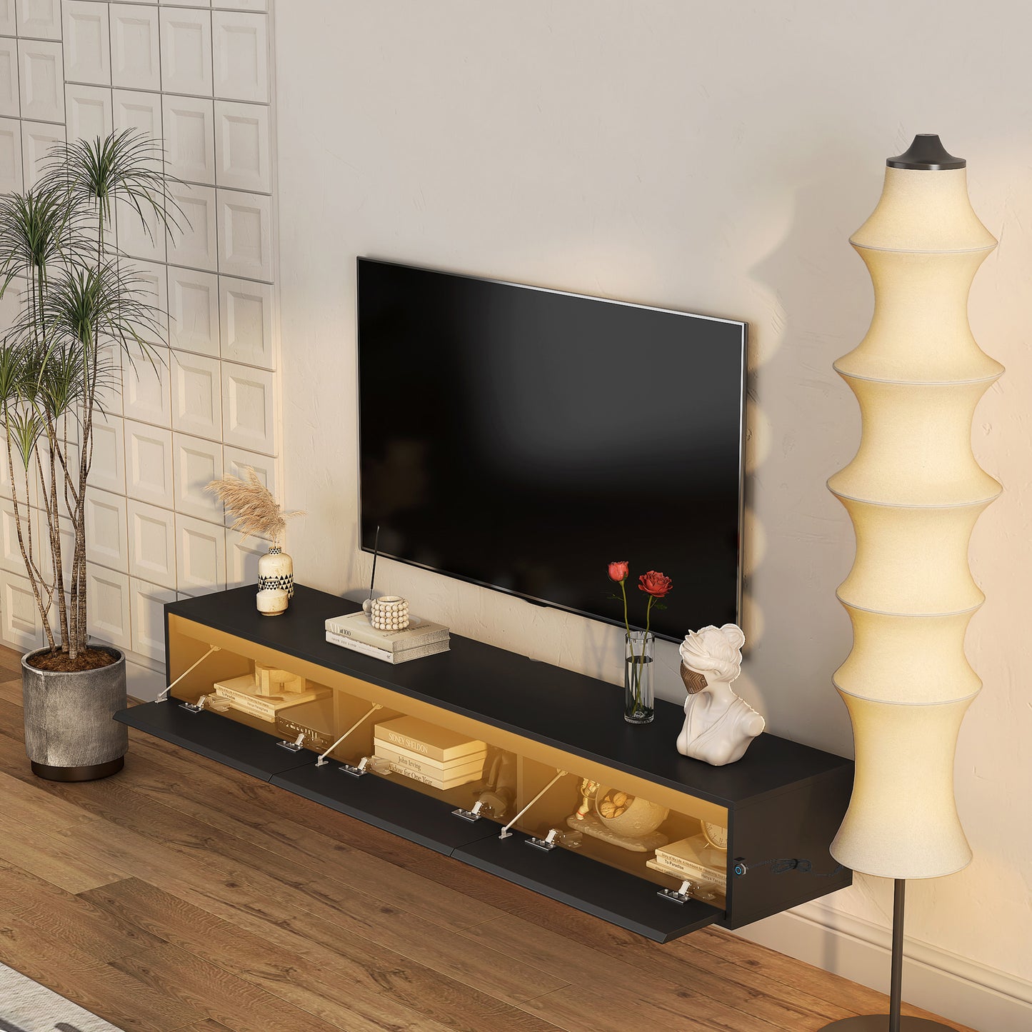 Floating TV Stand, Wall Mounted TV Shelf With Led Lights & Power OutletTV Cabinet For Black Tv Stands For Living Room