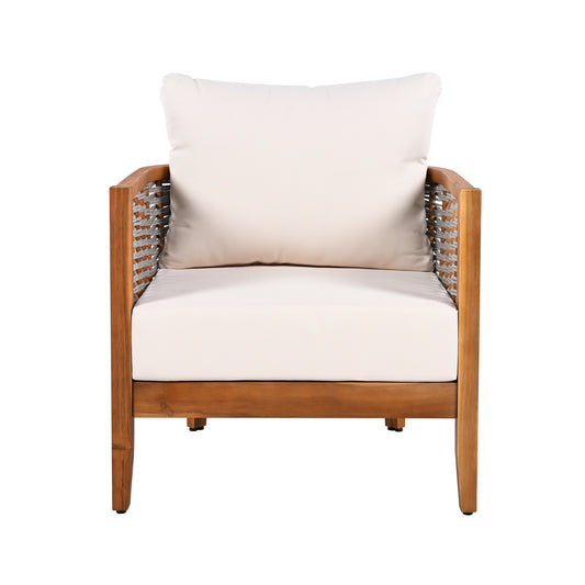 Outdoor Unique Tub Design Armchair With Woven Rope, Patio Furniture Acacia Wood Chair,  Deep Seating With Soft Cushions For Porch, Garden, Backyard, Balcony, Teak Finish & Beige Cushion