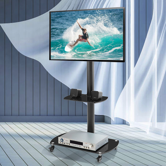 Height And Angle Adjustable Multi-Function Tempered Glass Metal Frame Floor With Lockable Wheels Mobile TV Stand, LCD Plasma TV Bracket  2 Tier Tempered Glass Shelves For Multiple Media Devices