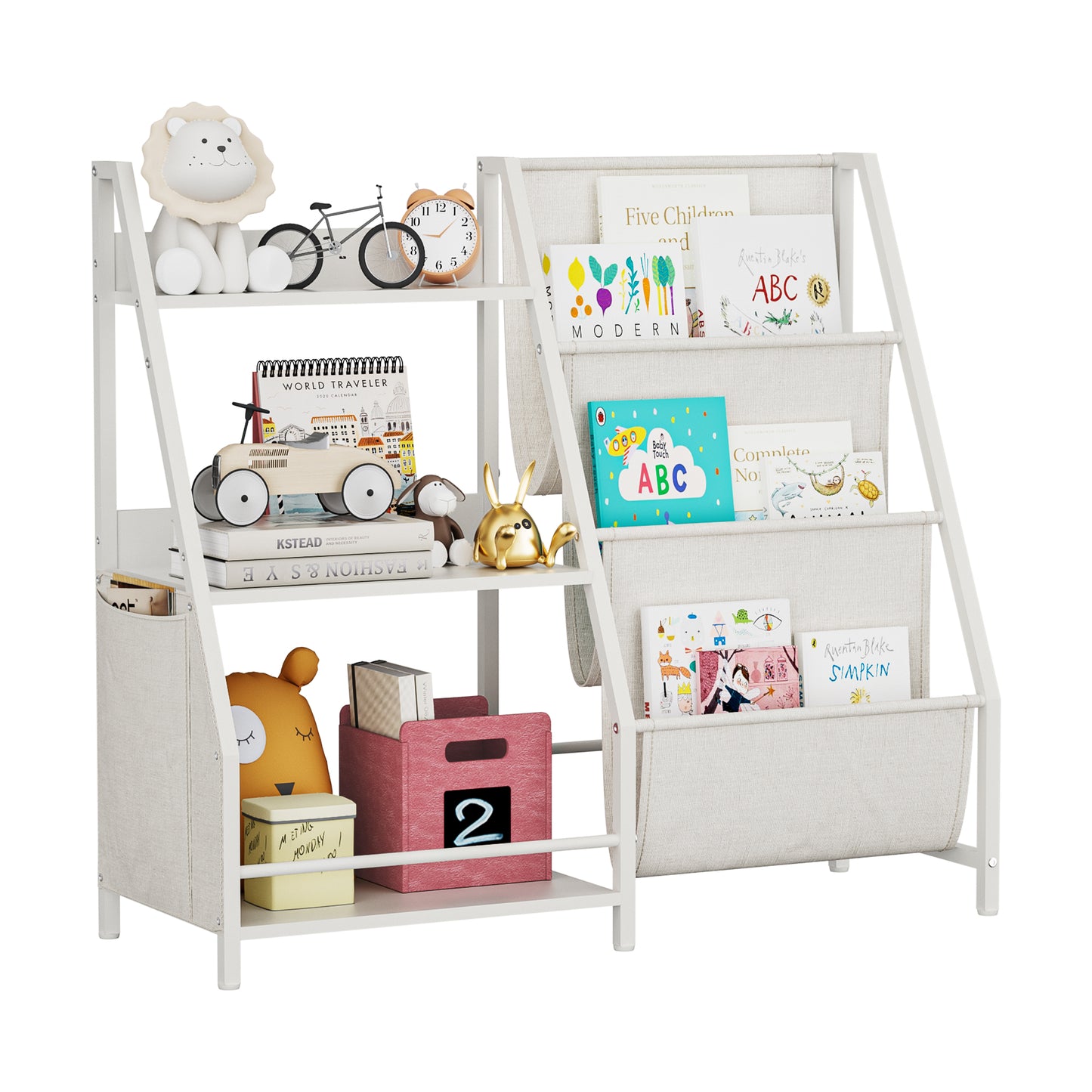 Kids Bookshelf And Toy Storage Organizer, Montessori Bookcase For Toddler Nursery, Wooden & Fabric Book Shelf With Anti-Tip Safety, White