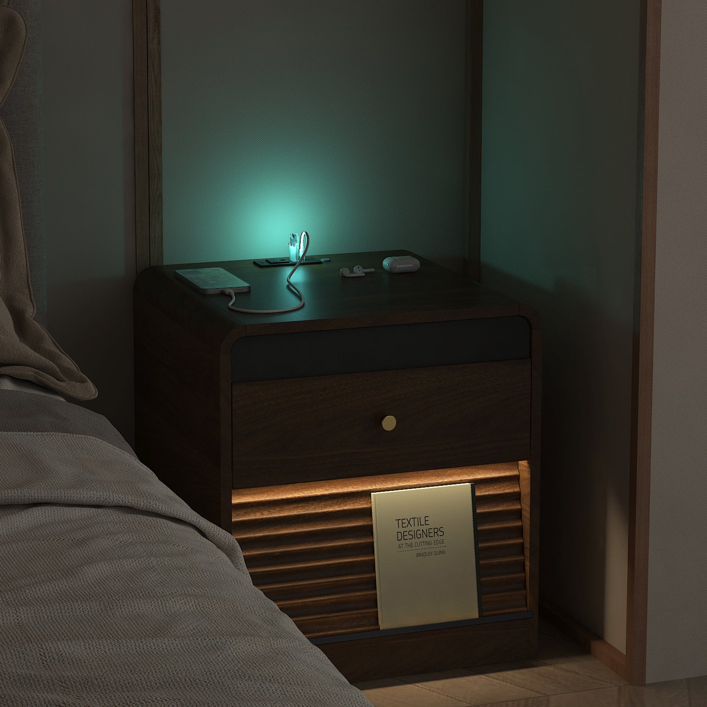 Nightstand With Charging Station, Smart Nightstand With Night Light,with Led Lights,Bedside Tables With Storage Cabinet For Bedroom,Wood