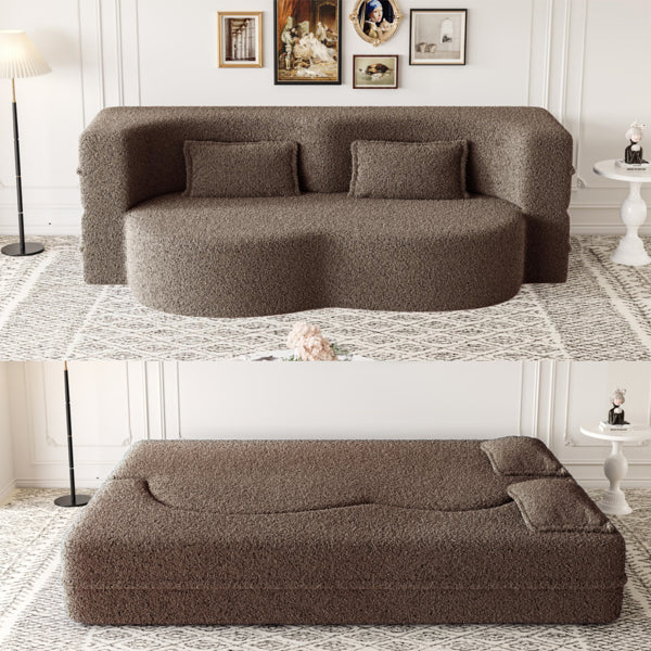 Modern Floor Sofa With 2 Pillows,Convertible Teddy Fabric Foam-Filled Sleeper Sofa Bed,15' Full Size Folding Mattress For Living Room,Guest Bed,Playroom,no Assembly Required,Brown