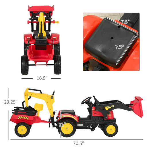 Kids Ride On Excavator Toy Pedal Powered Digger With 6 Wheels Detachable Trailer Controllable Bucket For Ages 3-6