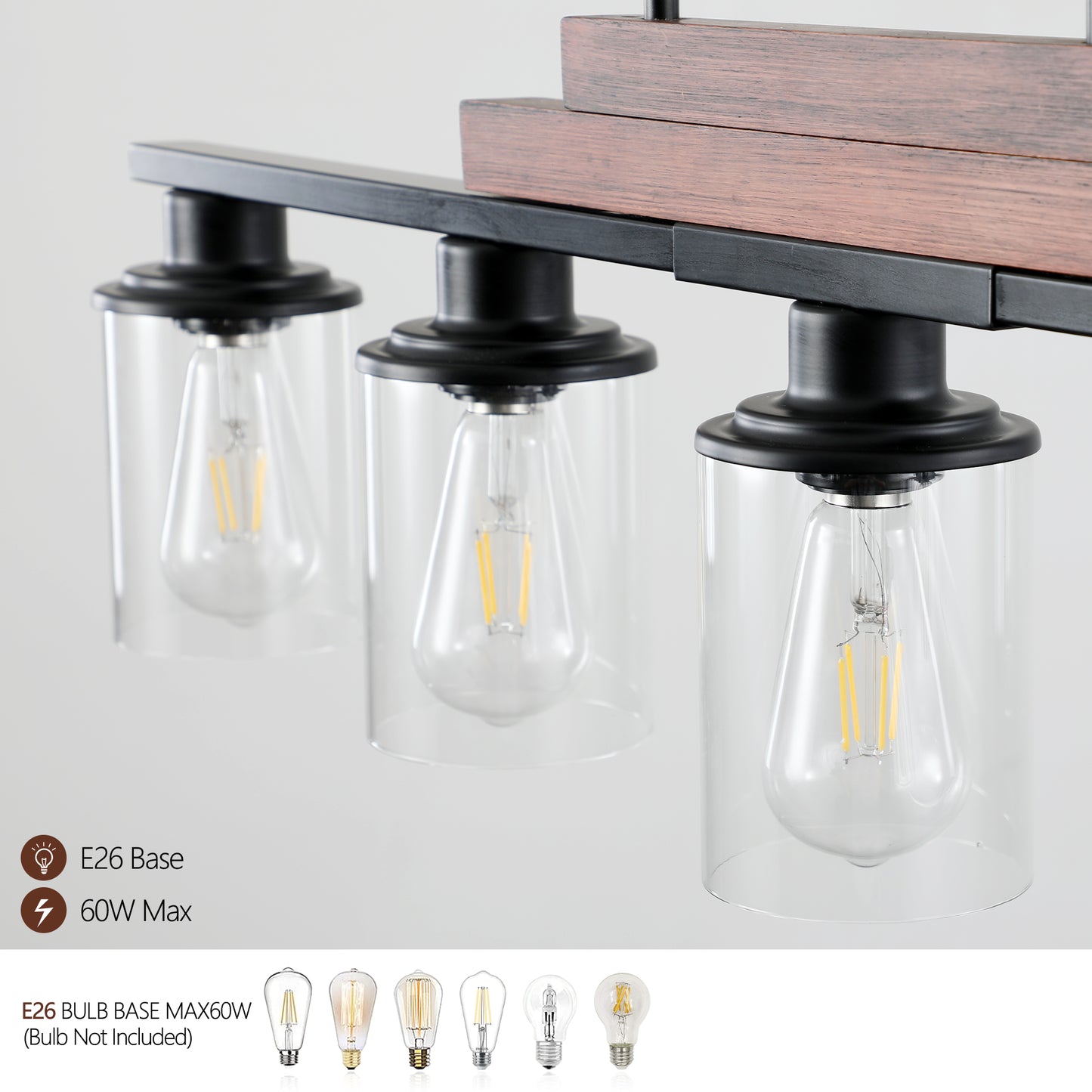 37  Farmhouse Industrial 5-Light Kitchen Island Pendant Light, Metal Wood Chandelier With Clear Glass Shades, Adjustable Height Hanging Fixture For Dining Room, Living Room, Kitchen  No Bulbs