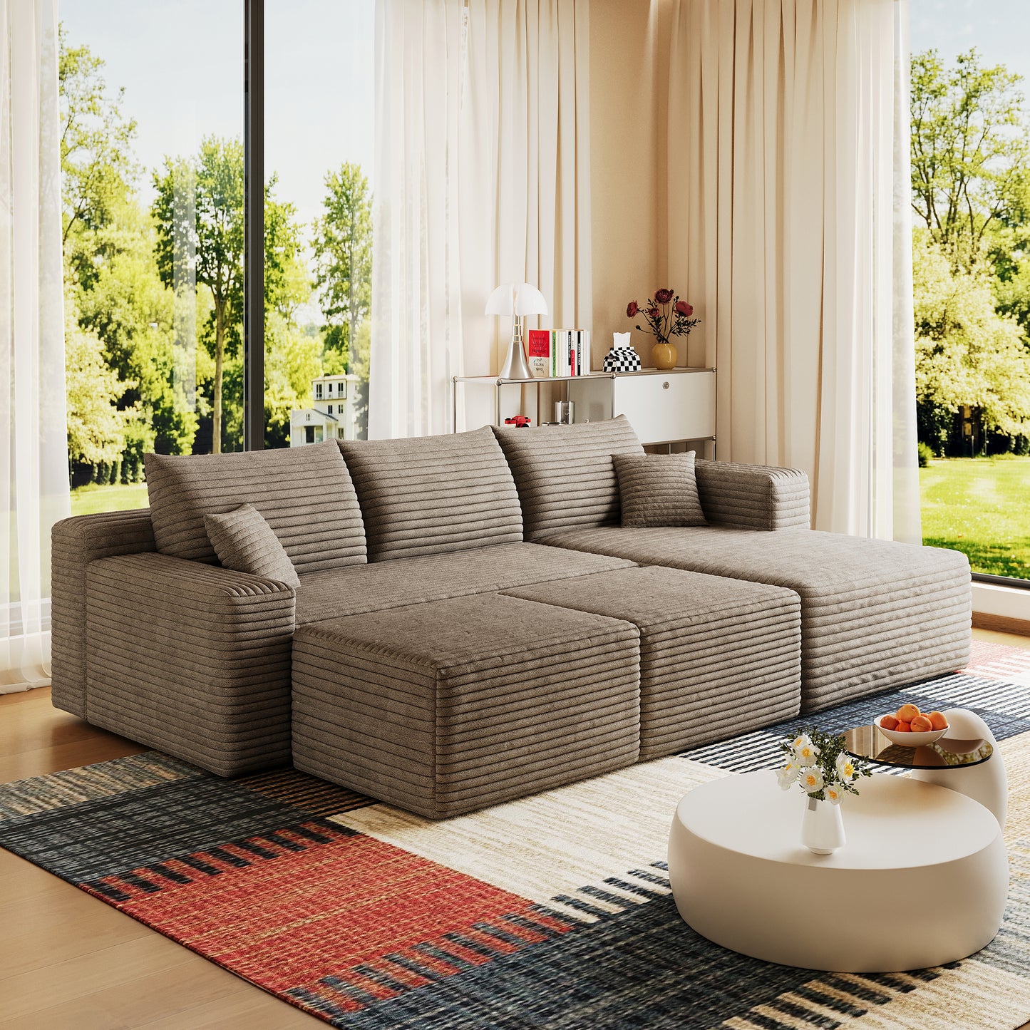 95  Cloud Sectional Sofa With 2 Ottoman,Modern Minimalist Upholstered Couches, Comfort U Shaped Sofa For Living Room,Deep Seat Corner Couch,No Assembly Required,Camel Plush Corduroy Fabric