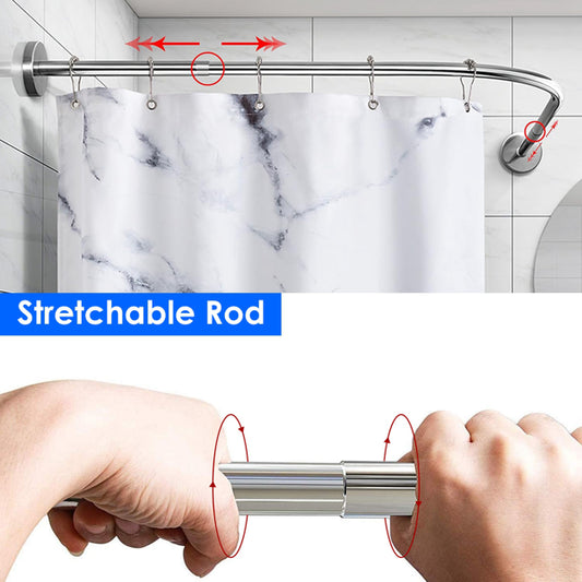Curved Shower Rod L - Shaped Stainless Steel, Adjustable Stretchable Shower Curtain Rod For Bathroom, Rust - Resistant Expandable Rod With Extra Shower Space, Easy Installation