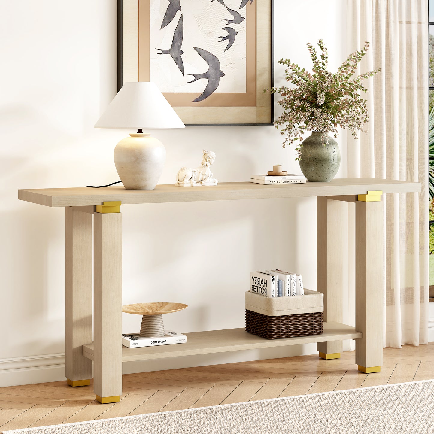 U-Style 62.9  Modern Minimalist Console Table  Solid Wood Entryway Sofa Table With Metal Accents  Built- In Shelf  For Living Room  Hallway  3 Colors  Black  Gray  Natural