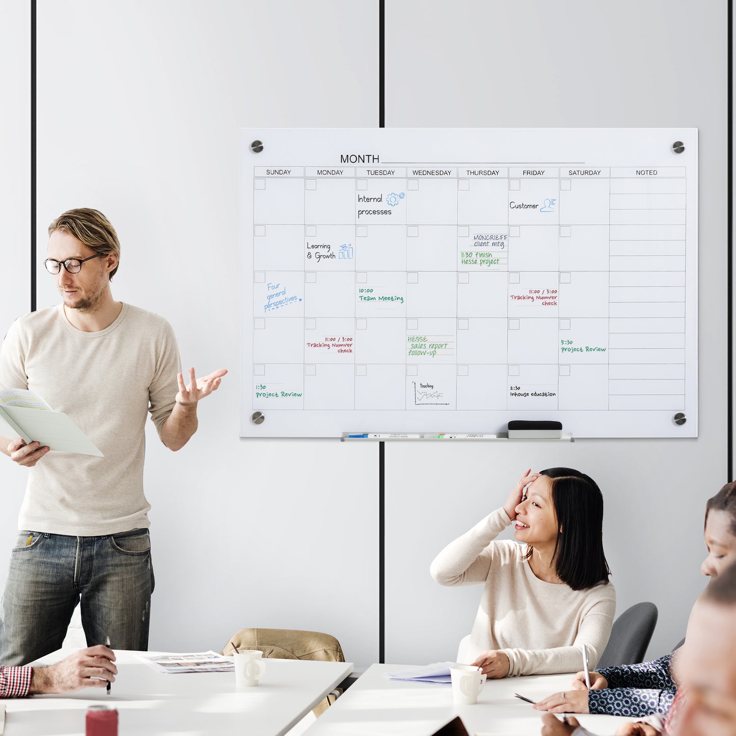 35"x23" Dry Erase Wall Calendar Glass Whiteboard Monthly Planner For Homeschool Supplies & Home Office Organization With 4 Markers And 1 Eraser,Frameless