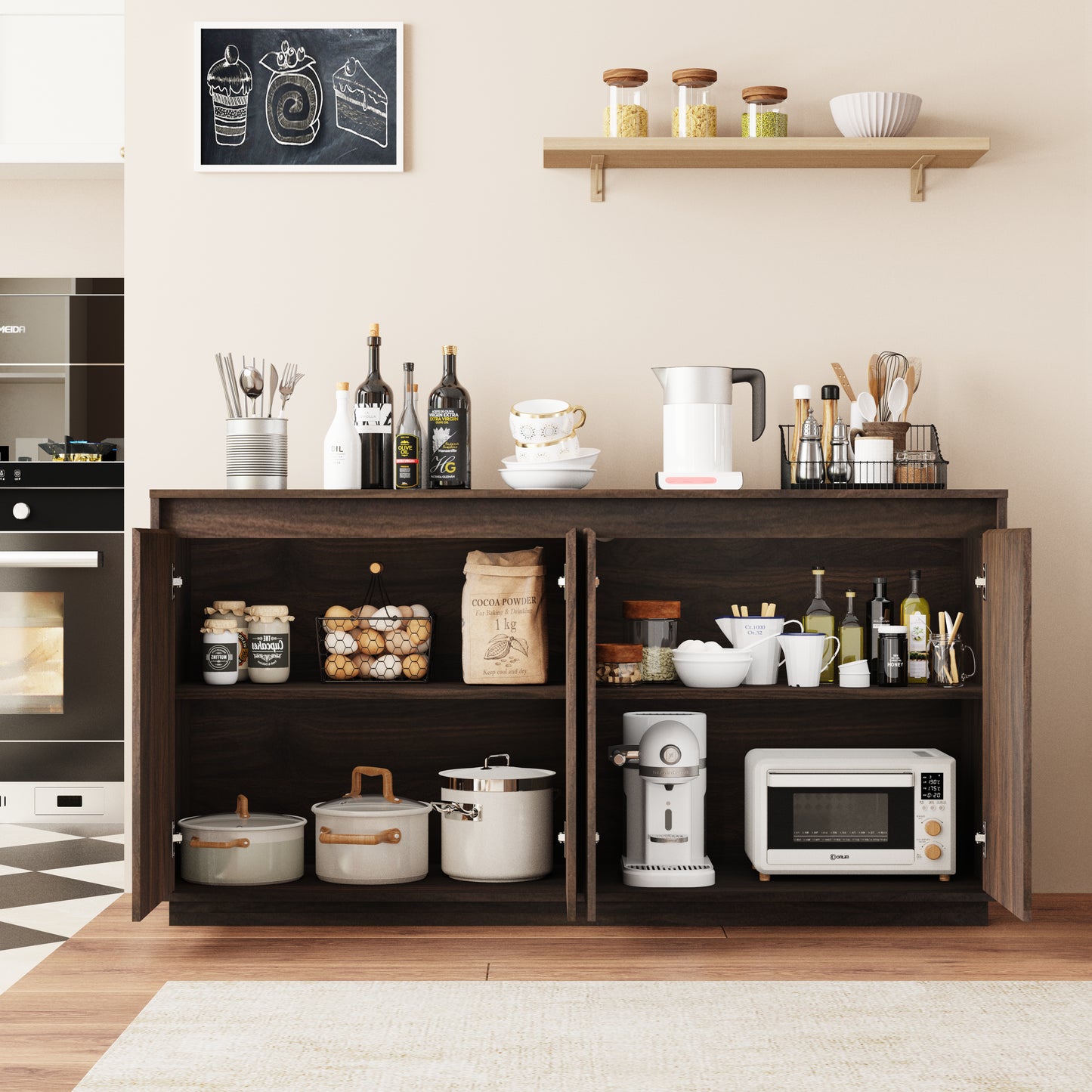 4 Door Walnut Wood Sideboard Buffet Cabinet With Power Outlet, Wavy Vertical Texture Accent Cabinet With No-Handle Design  Door Top Edge As Handle , Freestanding Kitchen Storage Cabinet For Dining Roo