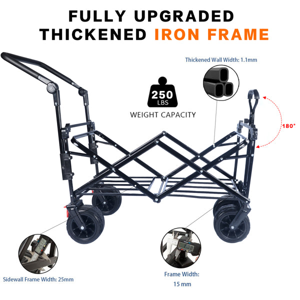 Foldable Wagon With Removable Canopy & Cooler Bag - Heavy Duty Collapsible Wagon Utility Cart With 4inch All-Terrain Wheels For Camping Beach Garden, Black