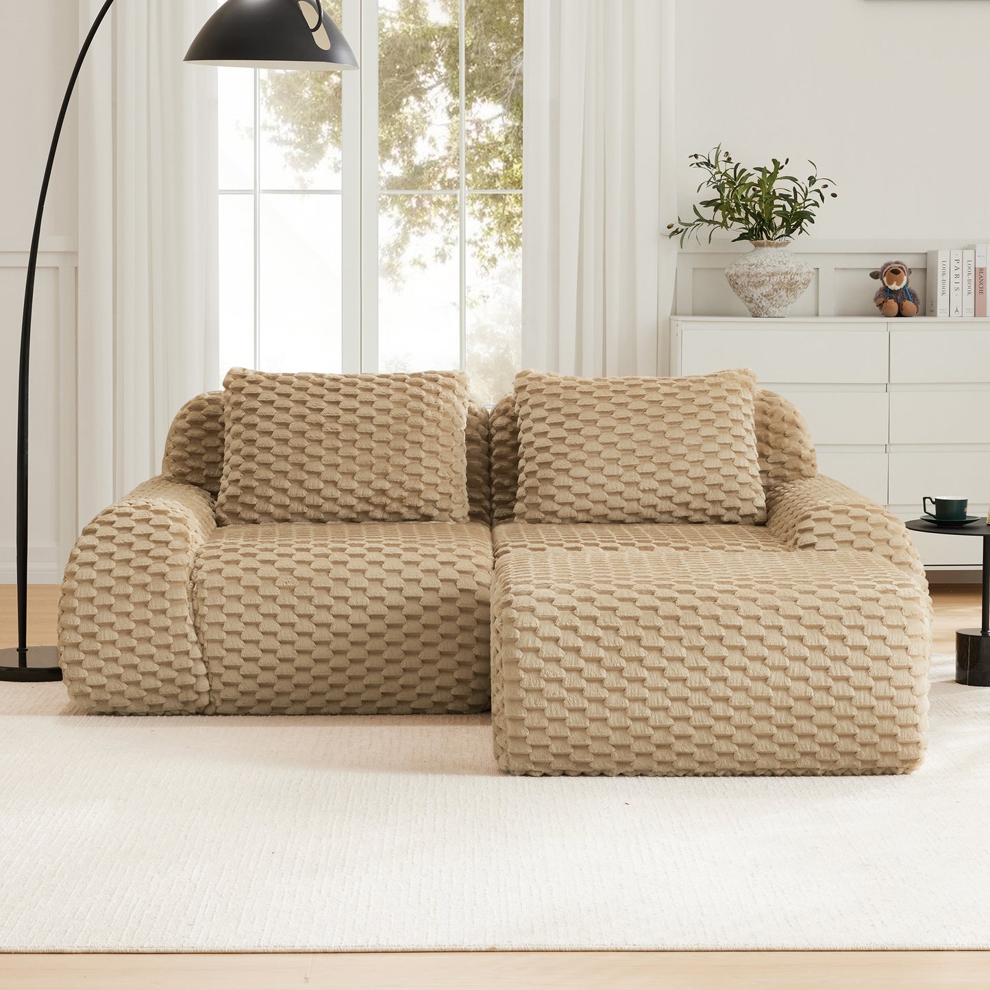 82 Modern L-Shaped Modular Sectional Sofa For Living Room,Flannelette Fabric,Oversized 2-Seater Couch,boneless Sofa ,Movable Ottoman,Buckle Connection,Anti-slip Design,No Assembly,Light