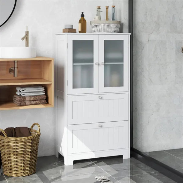 Freestanding Floor Storage Cabinet With Adjustable Shelf & 2 Drawers, Frosted Tempered Glass Door Sideboard