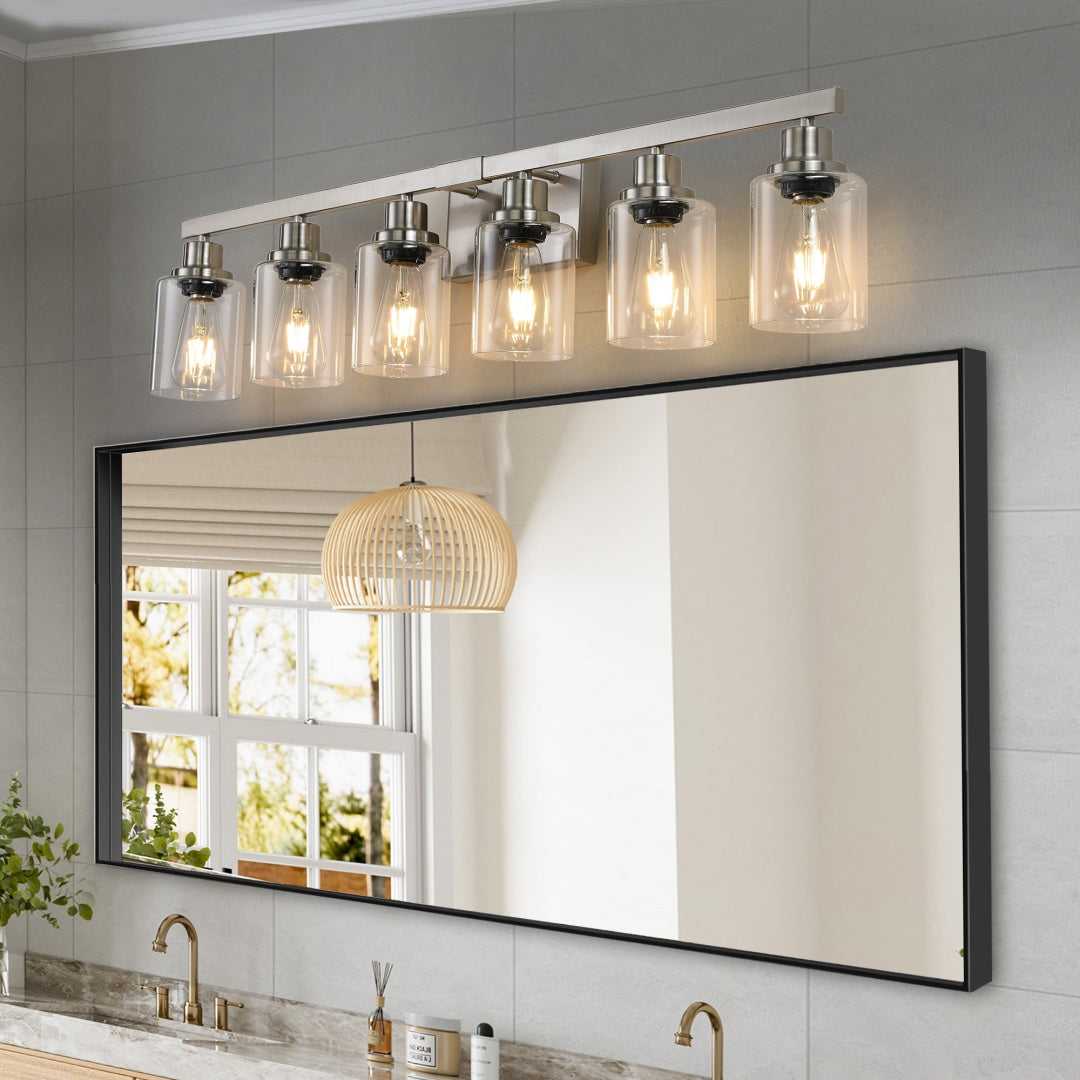 37  Modern 6-Light Bathroom Vanity Light Fixture - Brushed Nickel Finish With Clear Glass Shades, Perfect For Bathroom, Vanity, And Dressing Area Lighting  No Bulbs