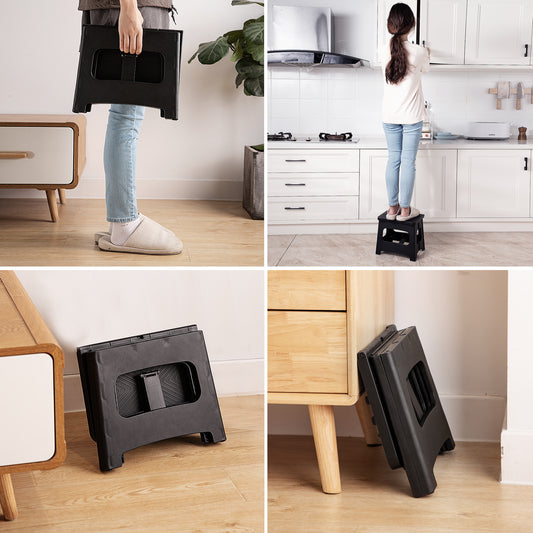 9in Folding Step Stool, Compact, Portable, Non-Slip, 300 Lbs. Weight Capacity For Adults And Children. Secure Non-slip Top And Rubber Feet, Great For Home And Camping, Black Color